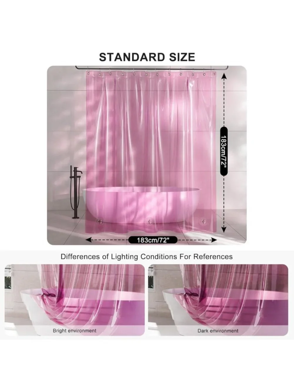 Pink Clear Shower Curtain Liner for Valentine's Day, 100% EVA Heavy Duty, 72x72
